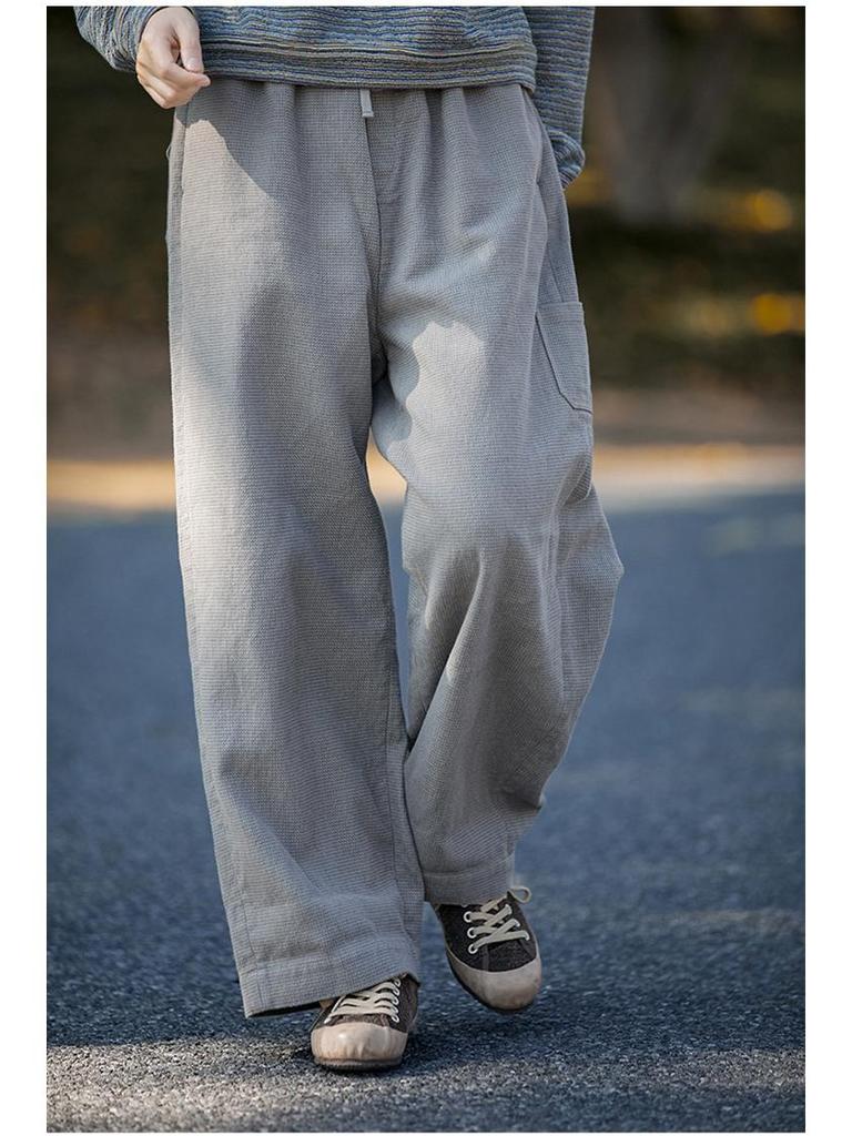 Women's Retro Gray Cotton Elastic Waist Casual Pants