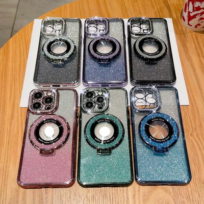 Magnetische Houder Geschikt voor IPhone 16 Gradient Glitter Mobiele Telefoonhoesje 15Pro Gegalvaniseerde Strass 13 Beschermhoes Diamant Inzet