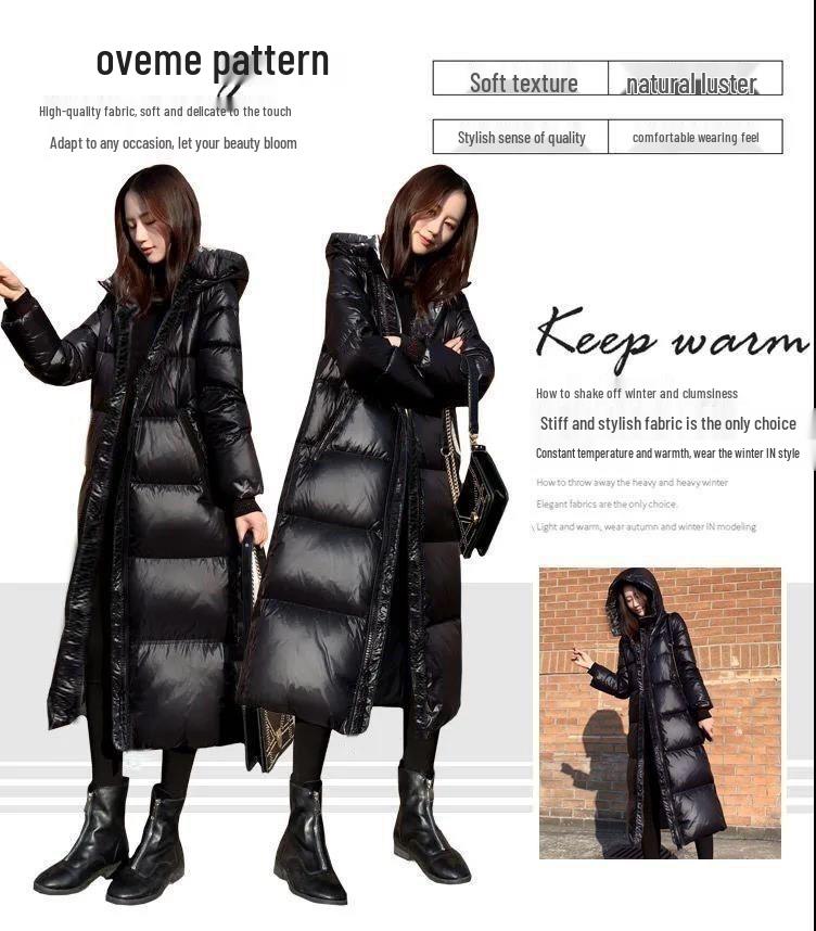 Korean Style Long Black Shiny Down Cotton Coat - Over-the-Knee, Slim Fit, Thickened for Winter