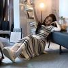 French square neck knitted striped short-sleeved dress women's summer temperament casual pear shape figure slim long skirt