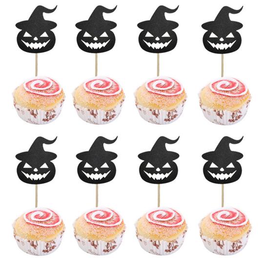 Wooden Skewer Cake Topper 8 Pcs Halloween Cupcake Toppers, Black Glitter Witch Hat Pumpkin Picks for Party Supplies, Birthday Decoration Durable
