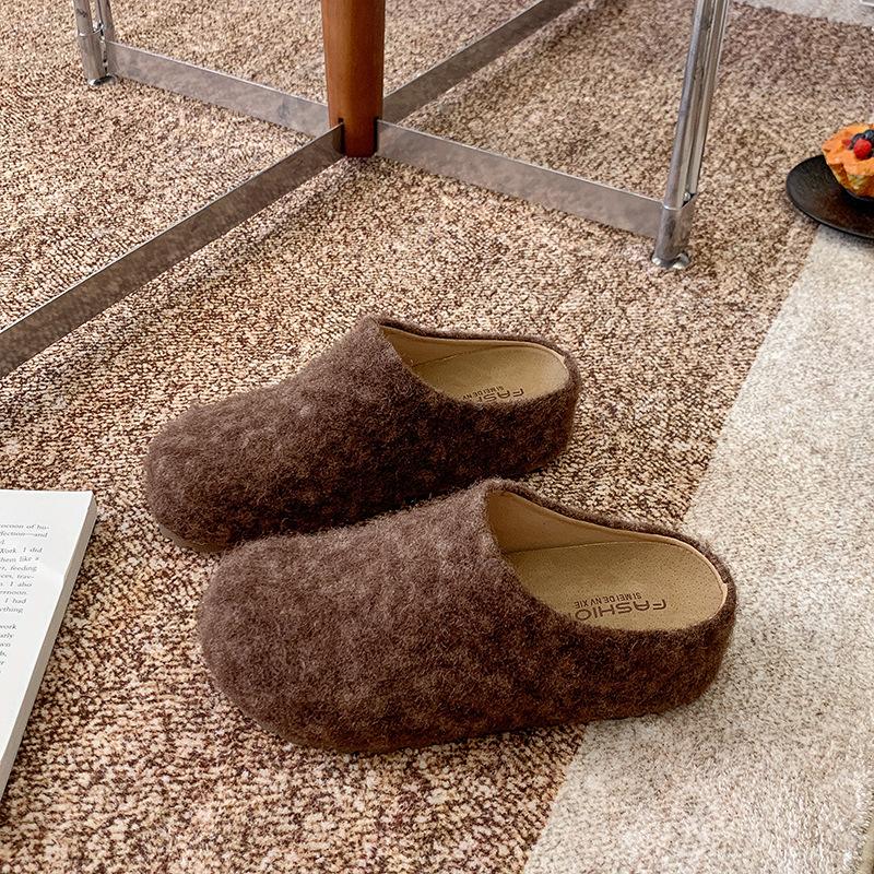 Niche design sense late evening wind gray felt Boken shoes lazy one pedal casual thick-soled bag head half slippers women