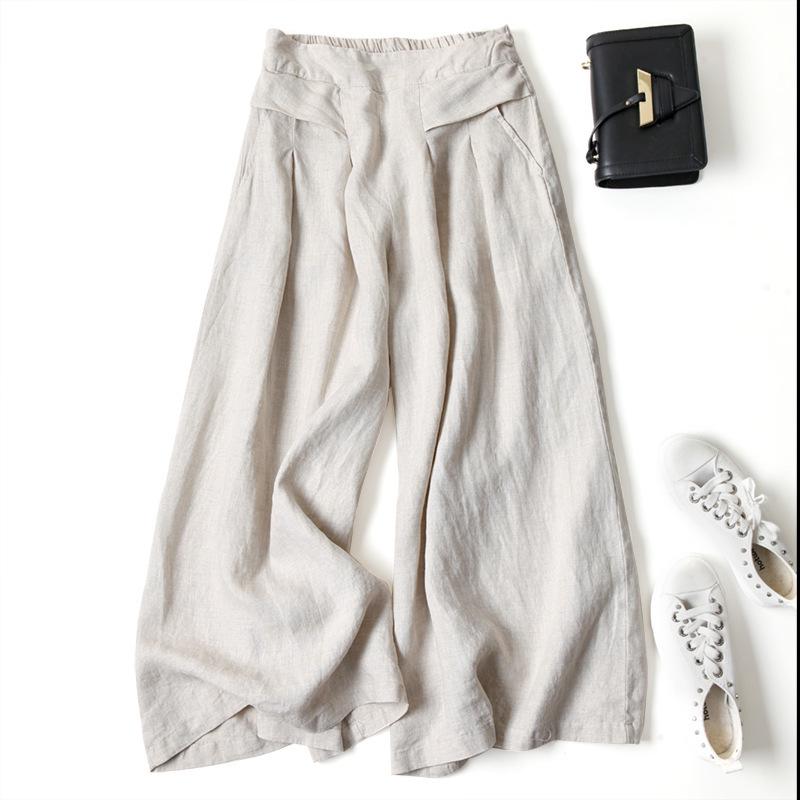 Bomullslinne vida byxkjolar: Draperad Lös Hög Midja Cropped Stil för Kvinnor