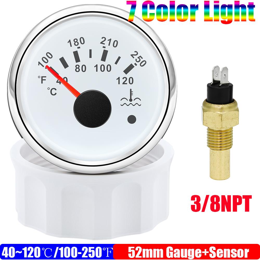 

40~120℃,100~250℉ 52mm Water Temp Gauge+Sensor 1/8NPT 7 Color LED Water Temperature Meter Alarm Auto Car Marine Boat Motor 12V24V 3-8NPT WS