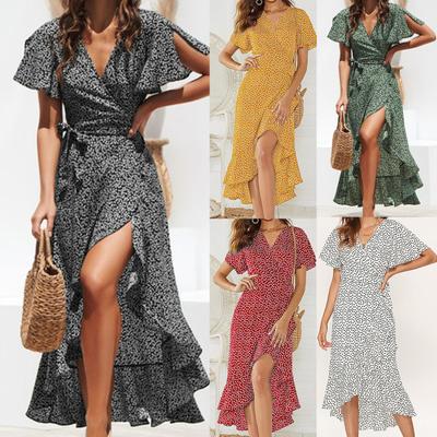 Women Dress Ruffles V-Neck Comfy Ankle-Length Wrap Women Dress for Summer