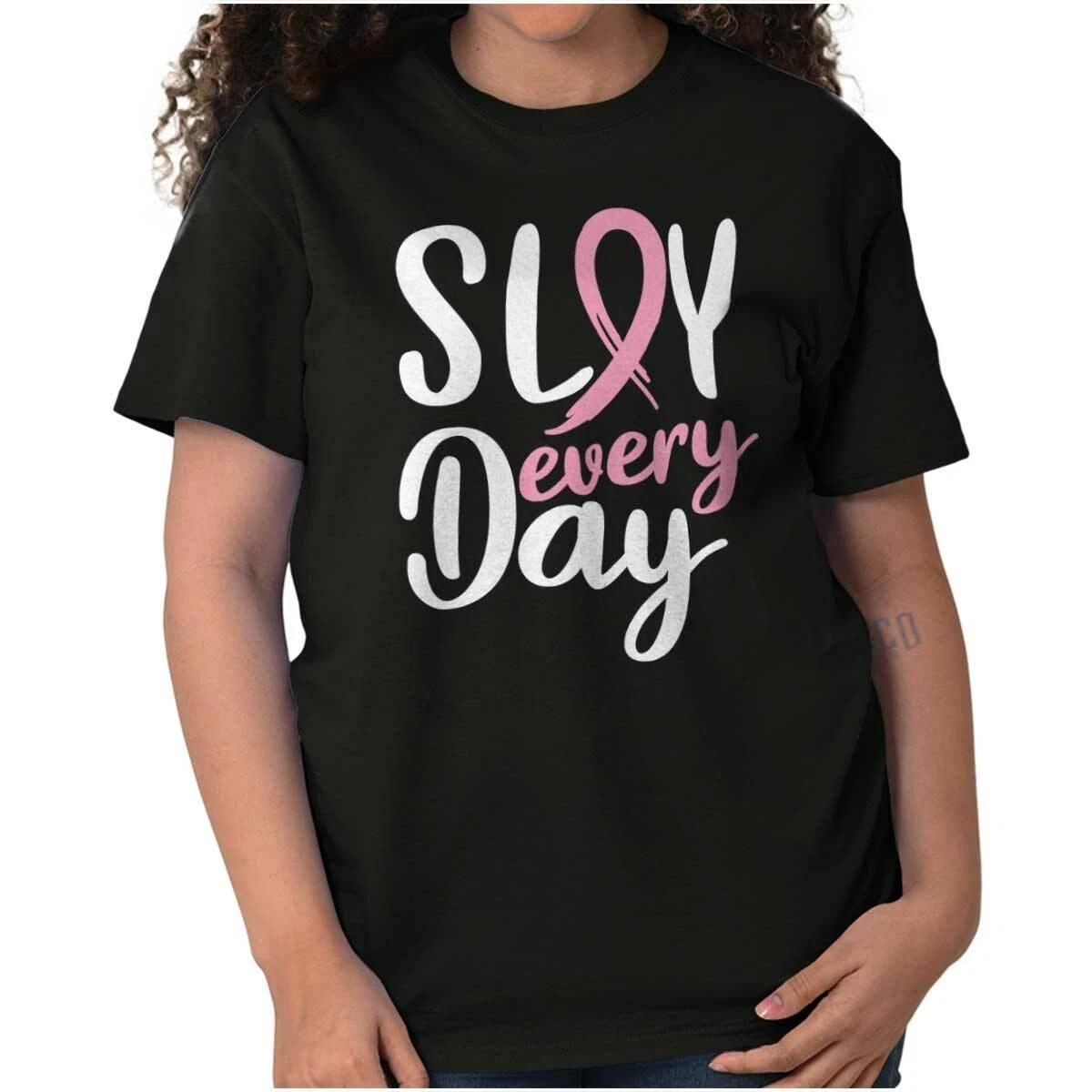 Slay Every Day Fight Breast Cancer Awareness Womens Graphic Crewneck T Shirt Tee L