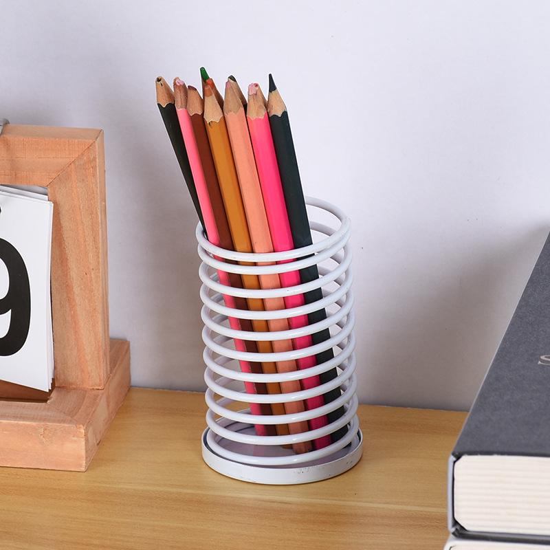 Iron Wire Decompression Pen Holder - Retractable Metal Spring Round Office Organizer