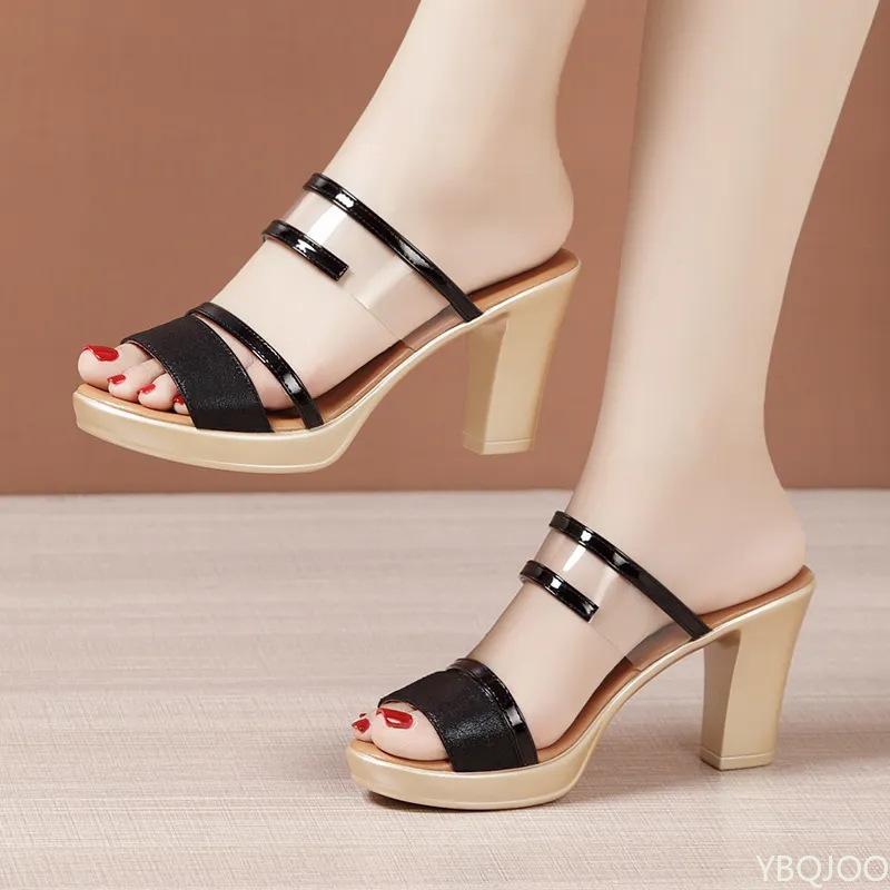 

Trendy High-heeled Sandals with Square Heel and Luxurious Transparent Design Versatile Temperament Summer New Style Slippers 42 чёрный