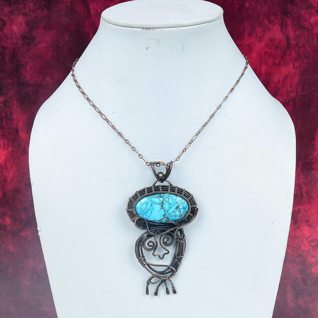Tibetan Turquoise Gemstone Pendant Handmade Jewelry Copper Wire Wrapped Pendant