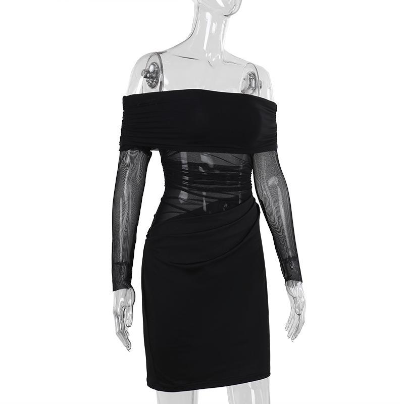 Fall Women's Dress Socialite Style One Line Shoulder Mesh Sexy Mini Short Dress