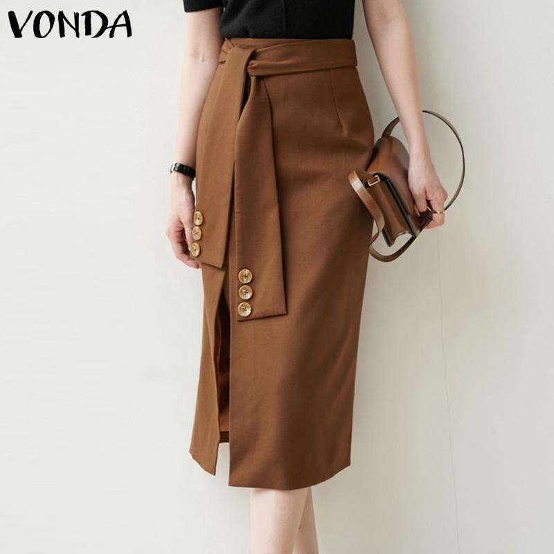 

VONDA весенние женские однотонные длинные юбки со шнуровкой и разрезом 4XL зелёный