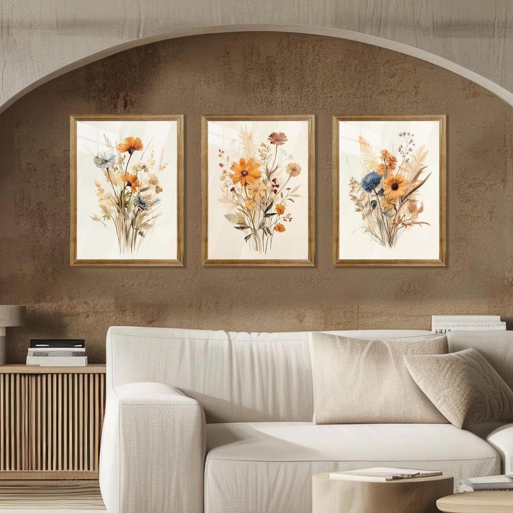 Framed Vintage Wildflower Canvas Wall Art Floral Set of 3 Country Farmhouse Watercolor Flowers Prints Rustic Wood Frame Botanical Artwork Poster for
