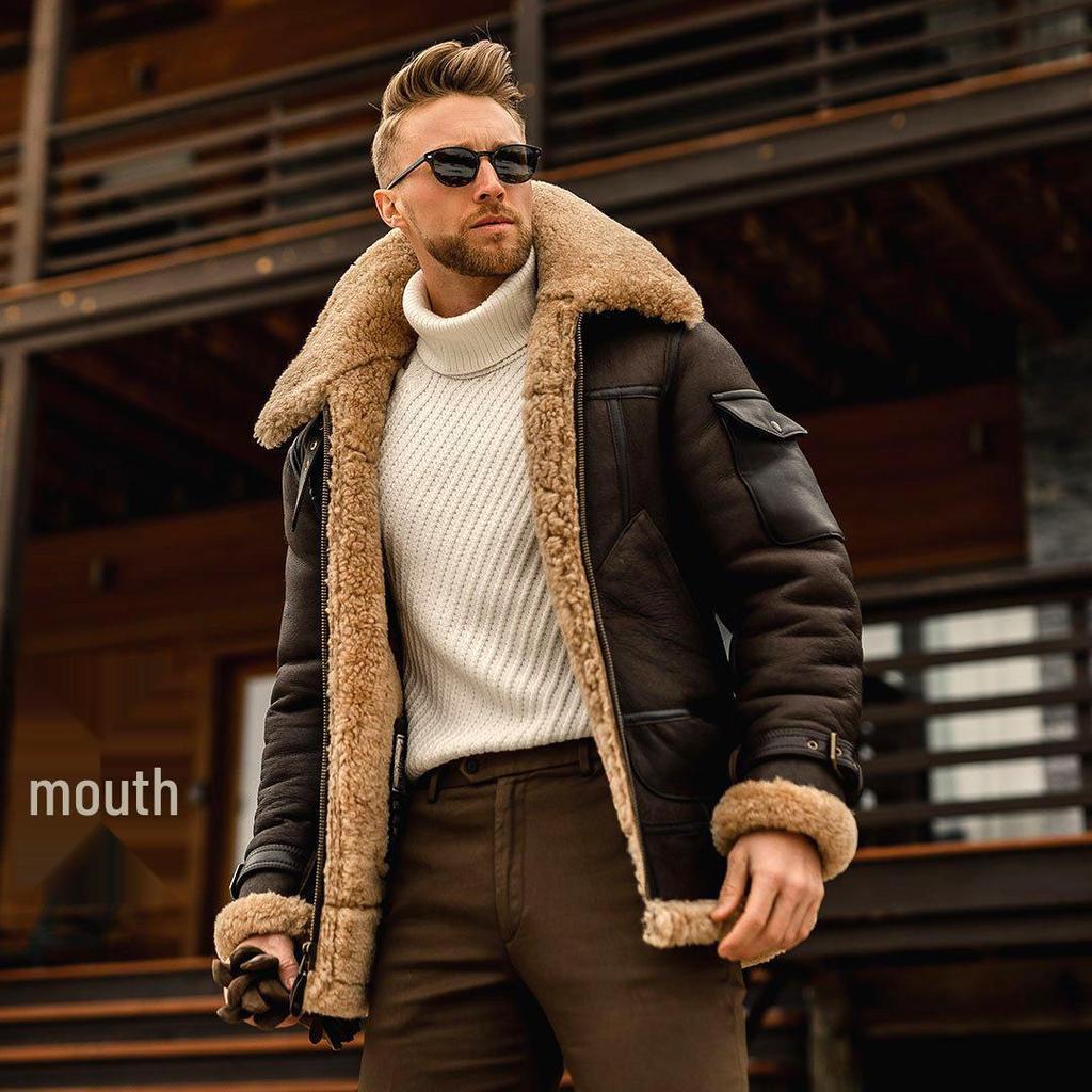 Men's Trendy 2026 Winter Shearling Jacket - Thick Faux Leather with Fluffy Fur