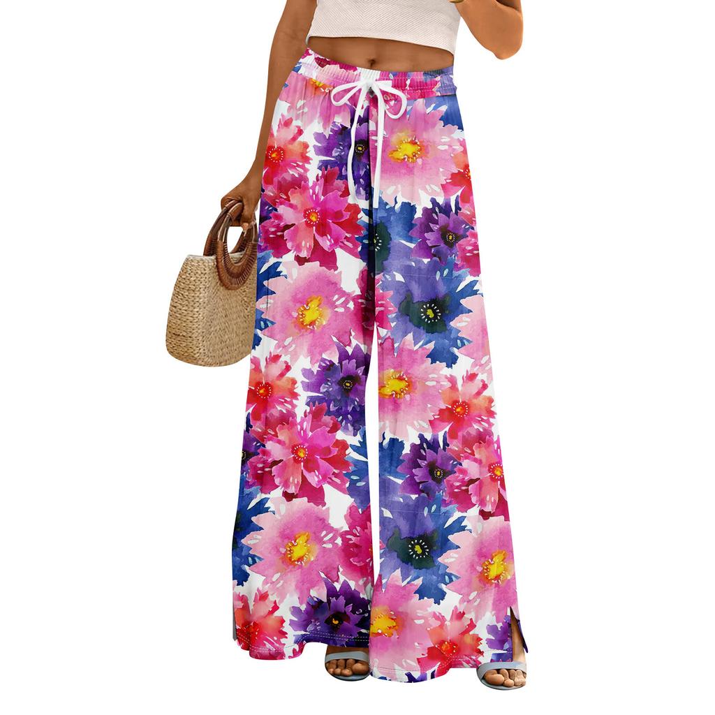 Women Summer Boho Palazzo Pants High Waist Wide Leg Floral Printing Casual Trousers With Pockets