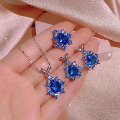Wassertropfen Meerblau Zirkon Ring Kristall Schmuckset Saphir Halskette Ohrring Set