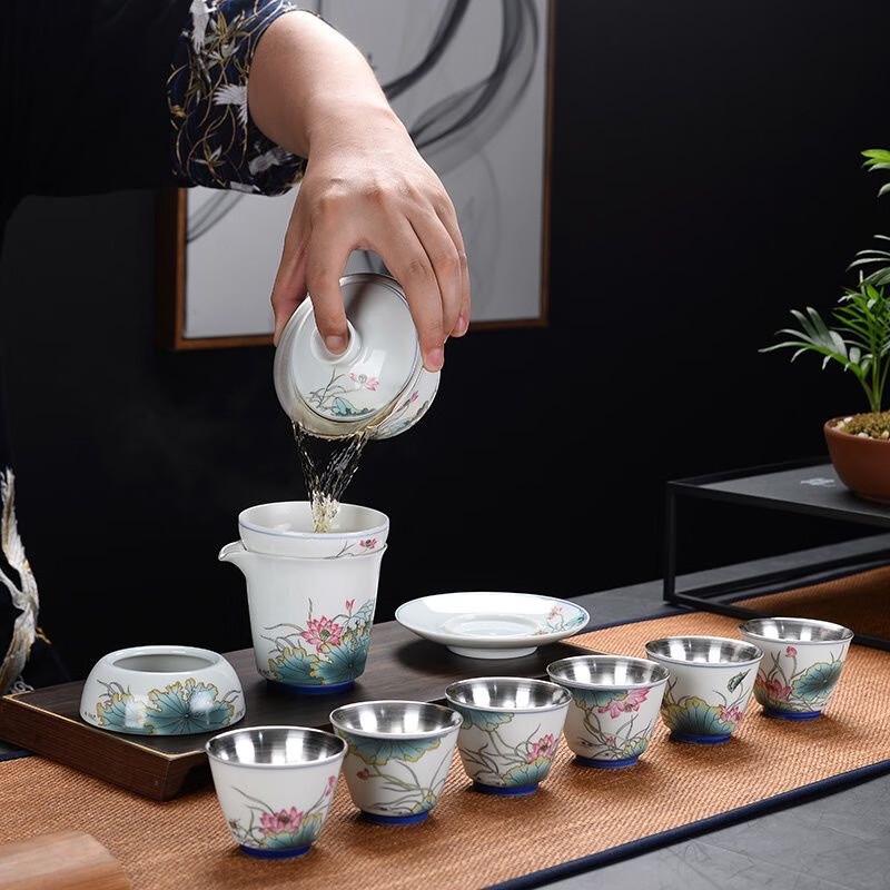 Chaxun Silver Kung Fu Tea Set with Lotus Design