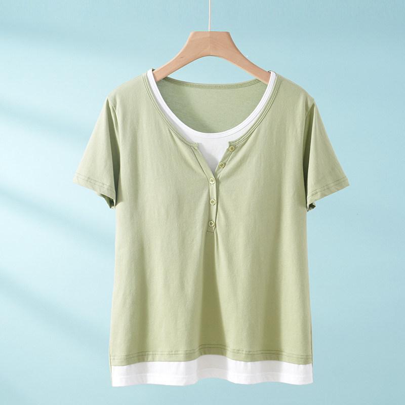 

Women s Summer Short Sleeve Cotton Pajama Top with Built-in Bra, Fake Two-Piece, Versatile for Indoors & Outdoors XXL
