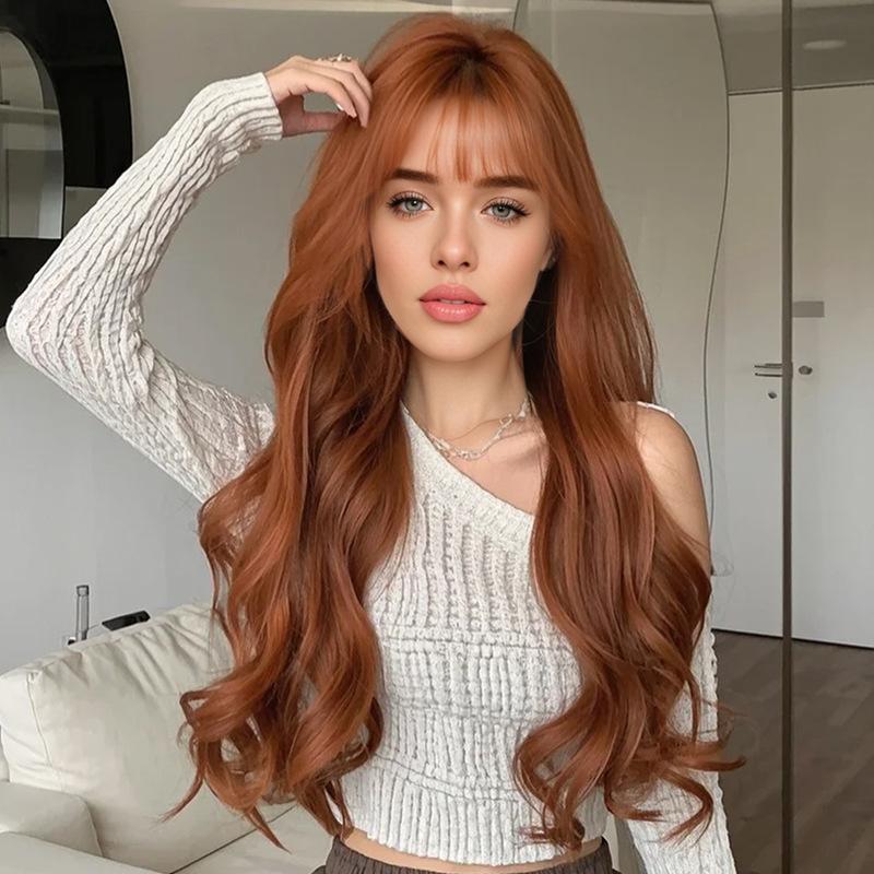 New High-temperature Wire Machine-made Wig Full-head Womens Air Bangs Long Curly Hair Water-wave Curls Internet-celebrity