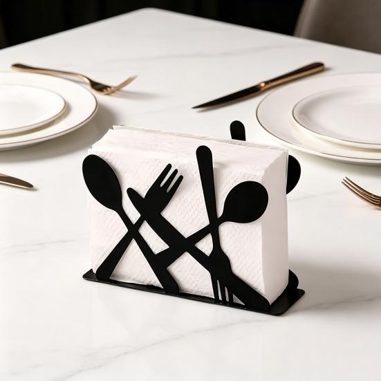 Black Cutlery Table Napkin Holder Standing Metal Fork Spoon Cutter Tissue Stand Home Kitchen Dining Table Flatware Paper Towel Dispenser Organizer