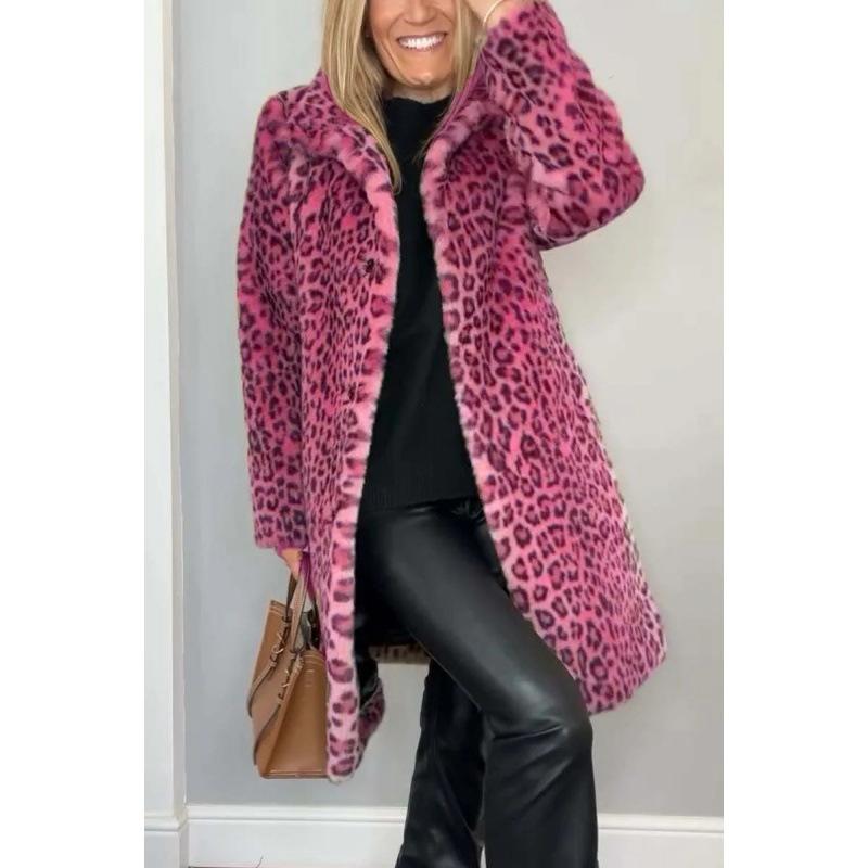 2024 Autumn/Winter Fashionable European and American Leopard Print Plush Mid-Length Jacket