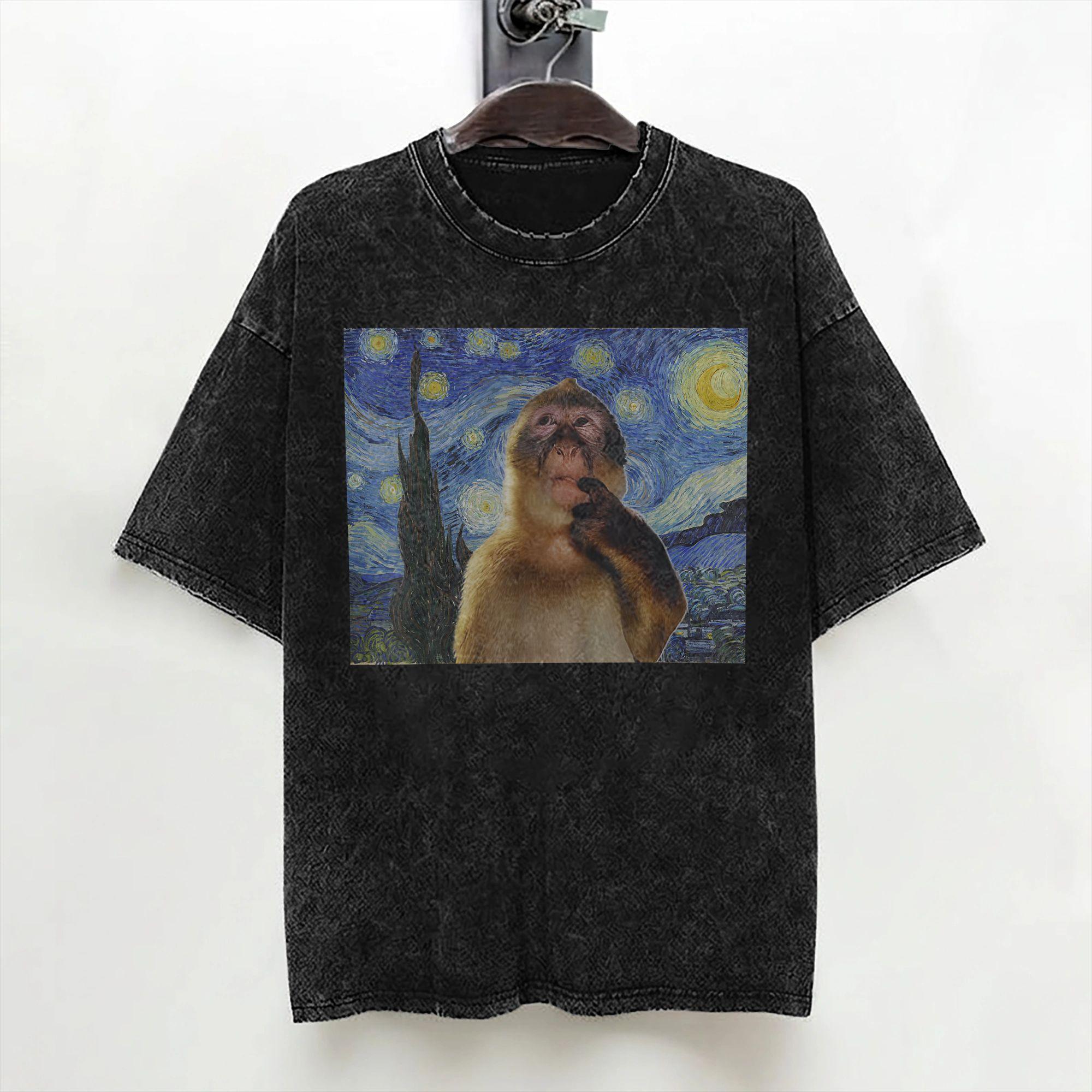 Monkey Thinking Funny Starry Night Monkey Meme T Shirts Washed 100 Cotton TShirts Men Women Streetwear Summer Tee Shirt S