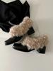 Square head fluffy shoes with one pedal, retro velvet to keep warm, Mary Jane small leather shoes, cotton shoes, thick heels, single shoes.