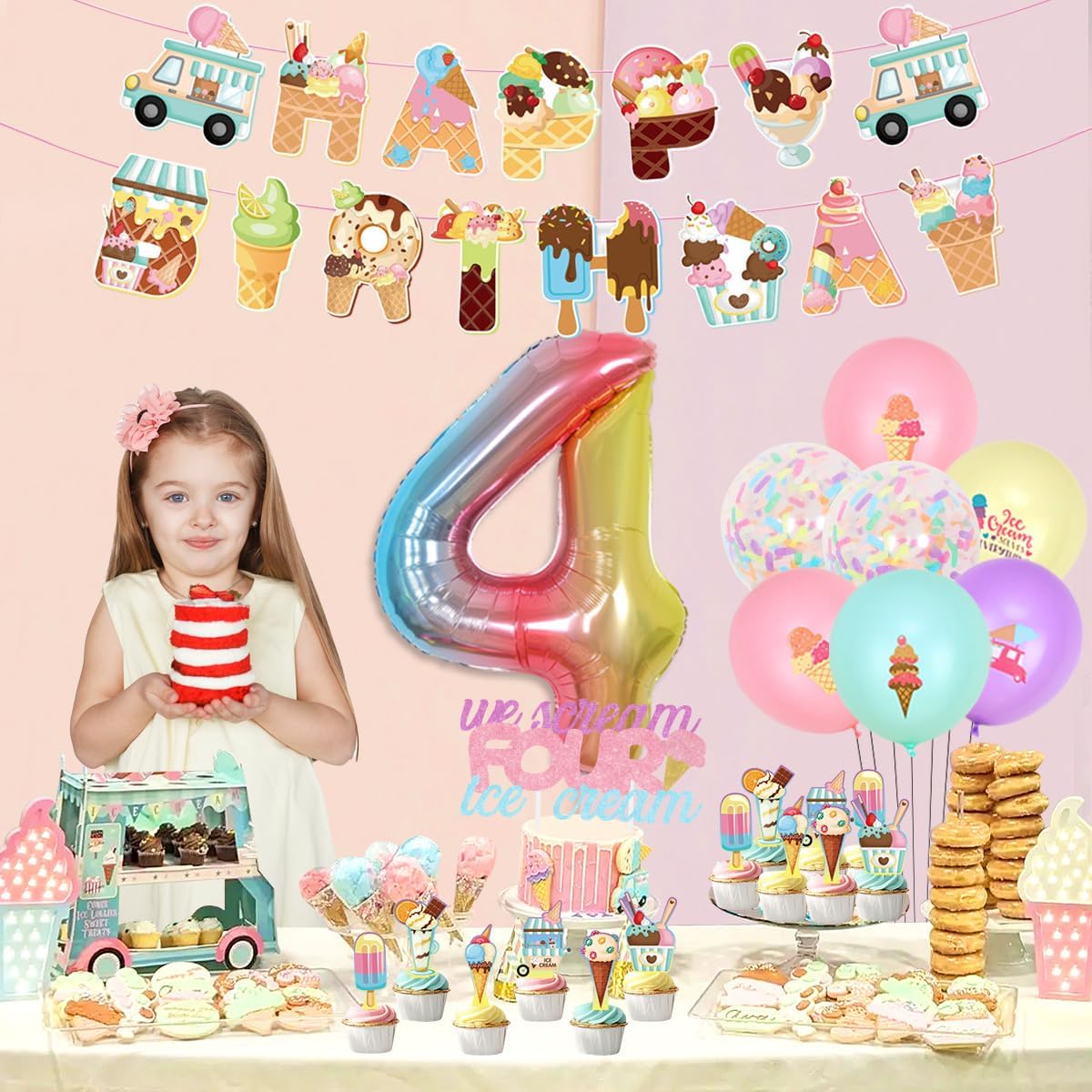Ice Cream Birthday Party Decorations for 4 Girls Donut 4th Birthday Party Decorations We Scream 4 Ice Cream Banner Cake Topper Cupcake Toppers