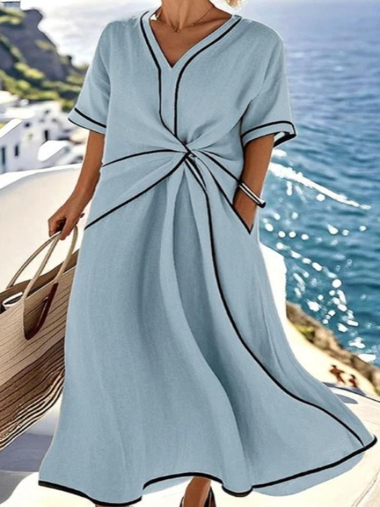 Women's Beige Short Sleeve Dress with Black Trim Detail and Side Slits