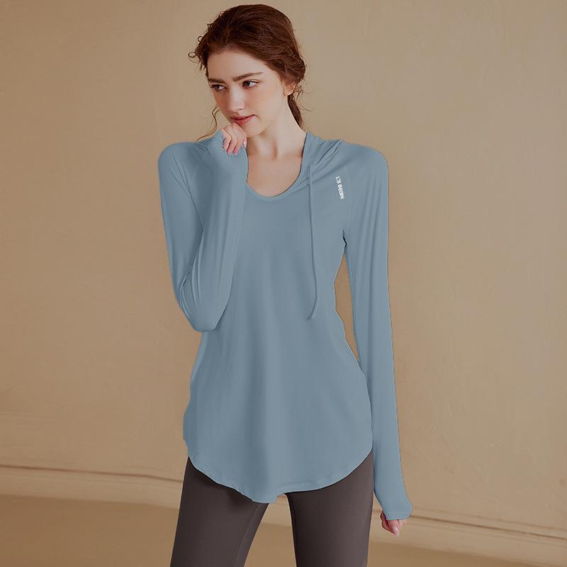 Abbigliamento da yoga a maniche lunghe con cappuccio sottile da donna, per sport all'aria aperta, jogging, top largo per il tempo libero, traspirante, ad asciugatura rapida, tinta unita