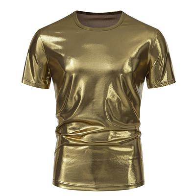 Men's Shiny Metallic T Shirt Summer Casual O Neck Short Sleeve Top Tees New Fashion Gold Stage Costume Disco Party NightClub Tee