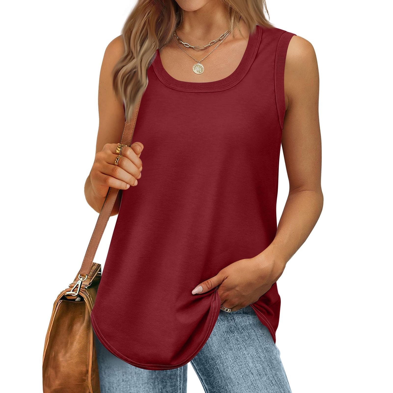 

Женская майка, летняя свободная майка без рукавов с краем, большой круглый вырез, изогнутый подол, короткие рукава XL винный
