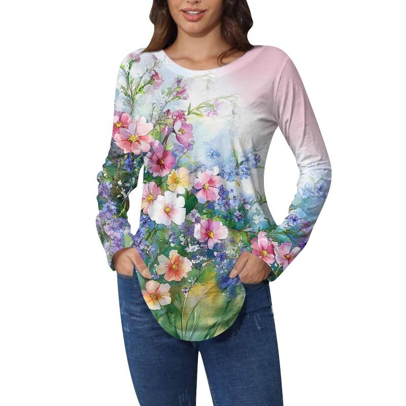 Shirts for Women Cute  Vintage Pattern Print T-Shirt Long Sleeve Tunic Tops Cotton Pullovers T-Shirts Women’s
