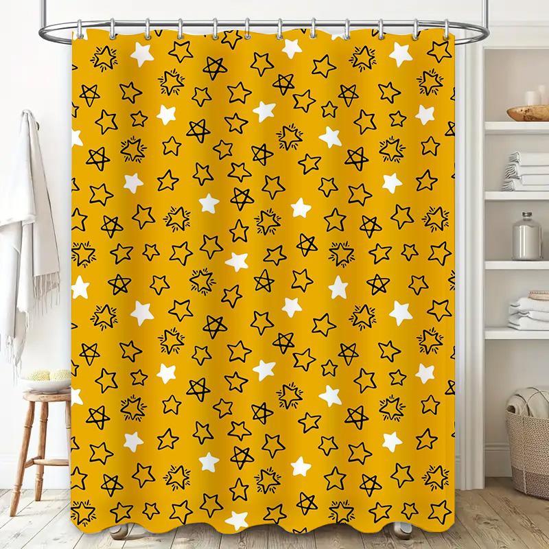 Modern Bathroom Decor Shower Curtain with White Stars Pattern for Home Living Room Decoration Waterproof Printing Fabric (Yellow