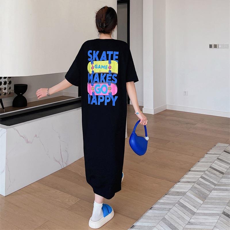 Large Size Women's Dress Summer Fat Long Short-sleeved T-shirt Women's Loose Split-ended Long Dress Bottoming Shirt Women's