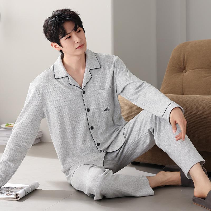 Men'S Pajamas Men'S Spring And Autumn Cotton Long-Sleeved Autumn And Winter Autumn Cotton Loungewear Set