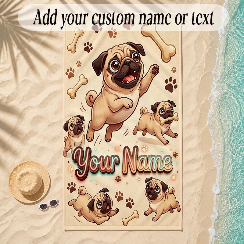 Pug Theme Soft Beach Towel Personalized Custom Name Text Towel Portable for Beach Pool Travel