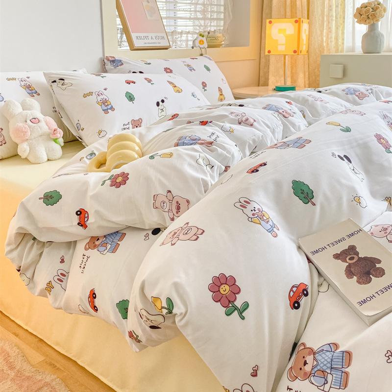 Washed Cotton 4Pcs Dormitory Small Fresh Naked Sleeping 3Pcs Double-Layer Yarn Bed Sheet Quilt Cover