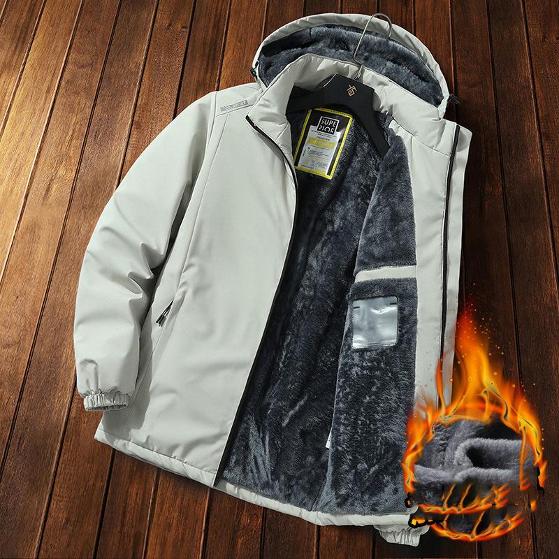 Мужская теплая зимняя флисовая парка с капюшоном, термостойкая мужская ветрозащитная теплая повседневная куртка с капюшоном, черная, толстая съемная шапка, флисовая парка L бежевый