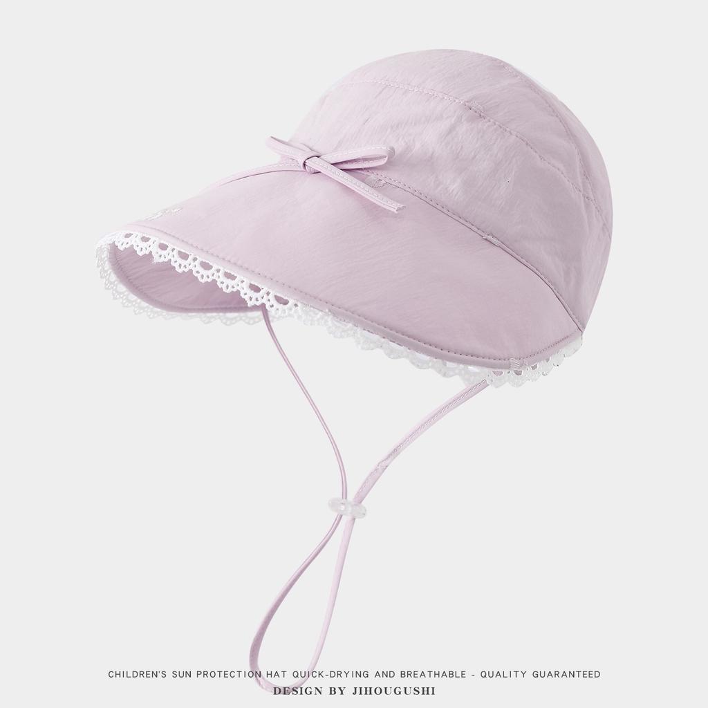 Princess Lace Trim Empty Top Hat for 3-8 Years Old Girls Spring Summer Sun Protection Cotton Linen Cord Fisherman Hat