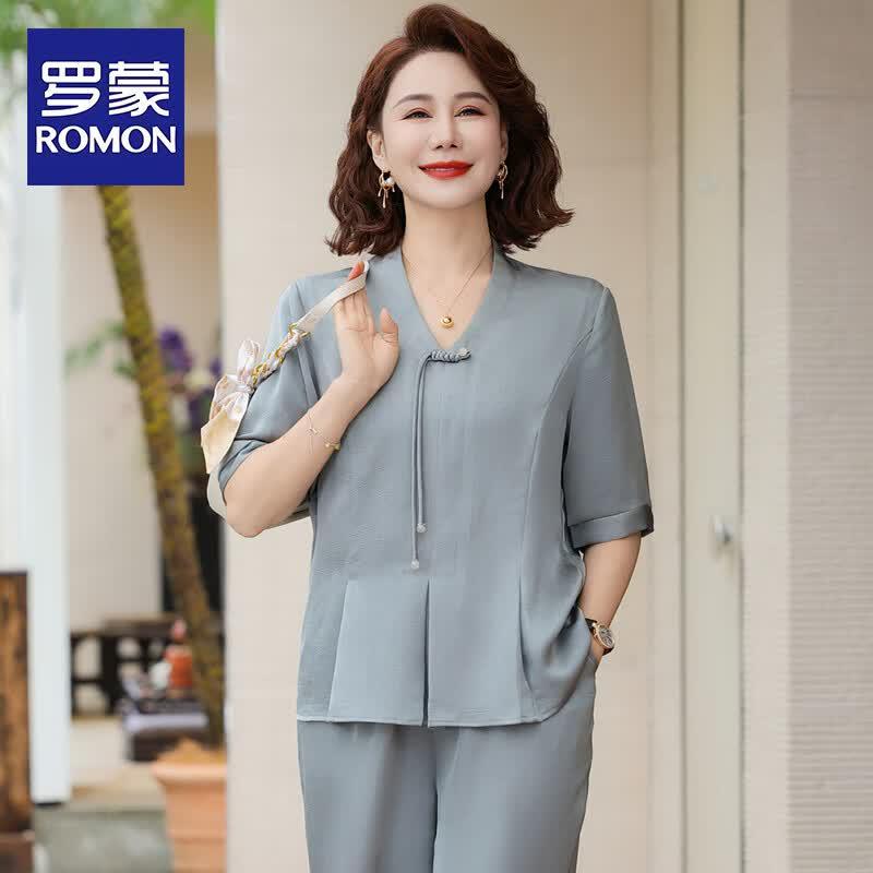 ROMON Women s Chinese Style Summer Casual Two-Piece Set 5XL