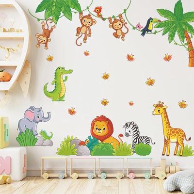 Baby Cartoon Safari Animal Wall Stickers, Giraffe Monkey Lion CHILDREN'S Room Kindergarten Decorative Decals, Cot Decoration