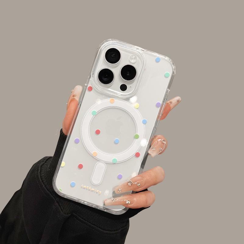 Magnetic iPhone 15 Pro Max Case - Cartoon Design with 16 Colorful Polka Dots