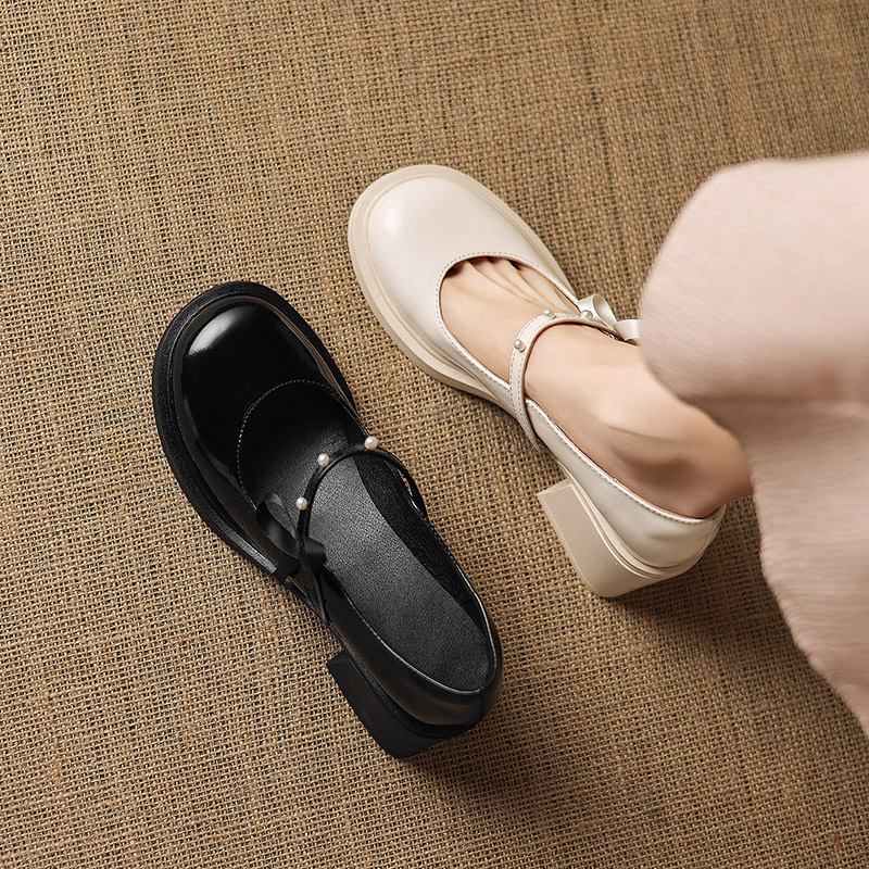 Krazing Pot Microfiber Round Toe Thick Med Heels Spring Summer Shoes Big Size 43 Pearl Bowtie Women Platform Pumps