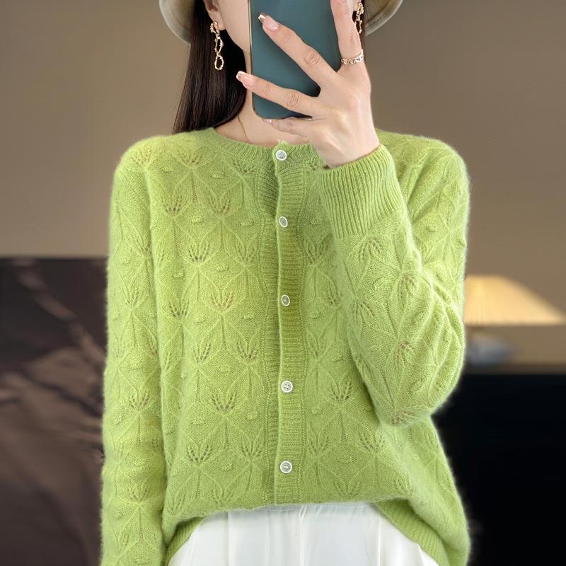 Cardigan in maglia di lana con scollo rotondo e jacquard, da donna, primavera e autunno, giacca in maglia cava larga