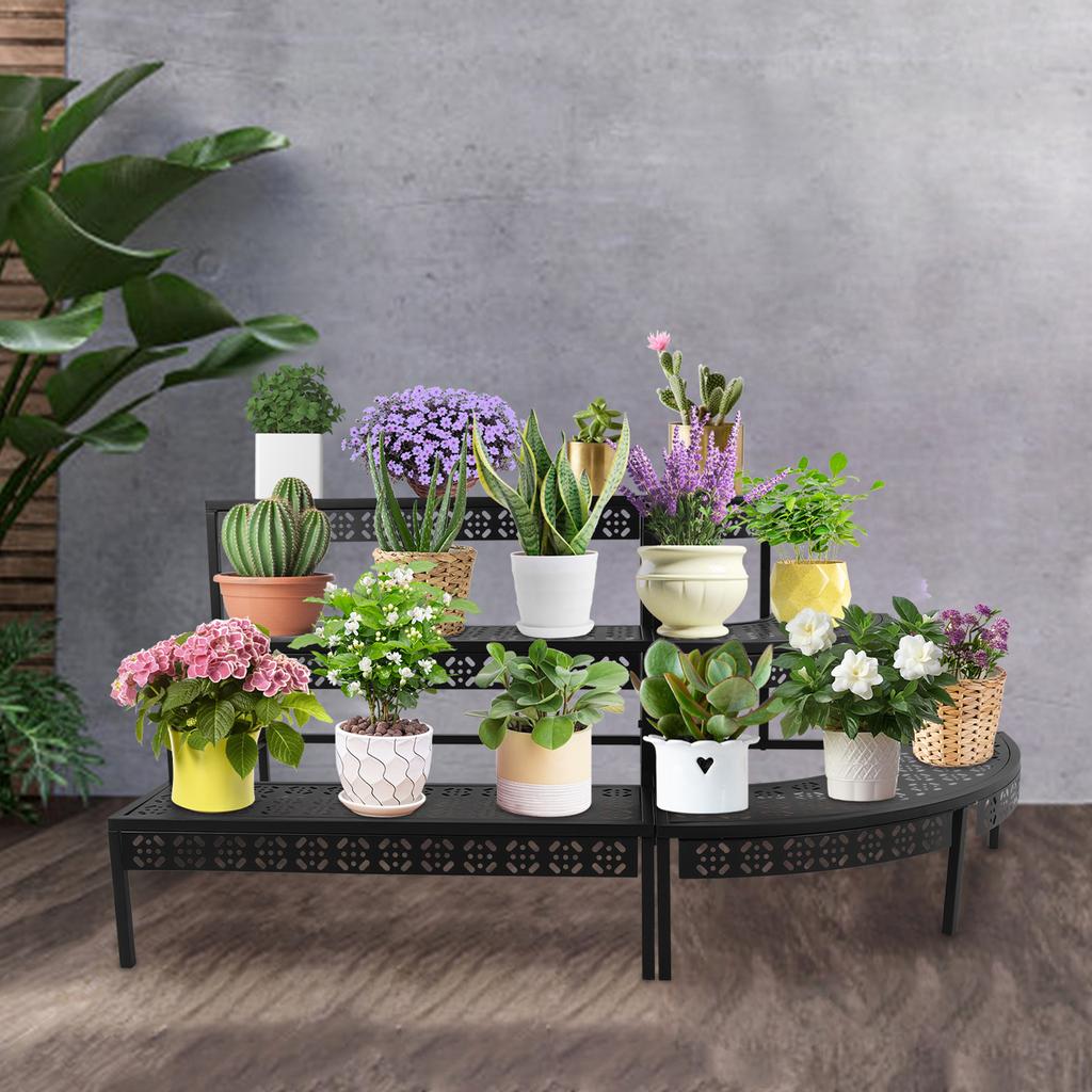 3 Tier Plant Stand for Indoor Outdoor Use, Multi-Level Flower Pot Display Shelf, Sturdy Metal Storage Rack Organizer for Garden