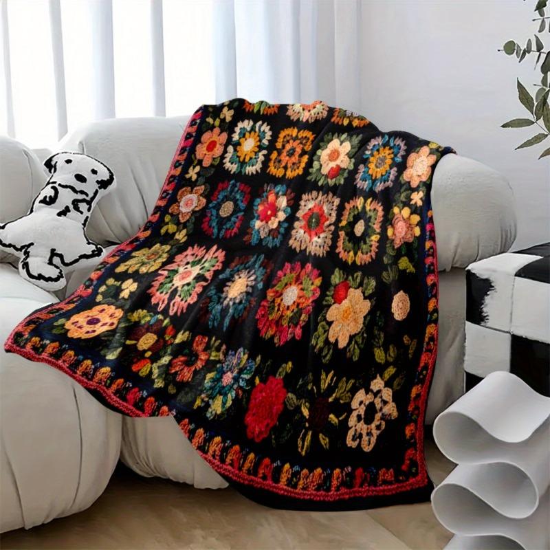 [Vibrant Blanket] Vibrant Floral Crochet Blanket Cozy Lightweight Polyester Knit Digital Print Home Decor Accent Soft Texture