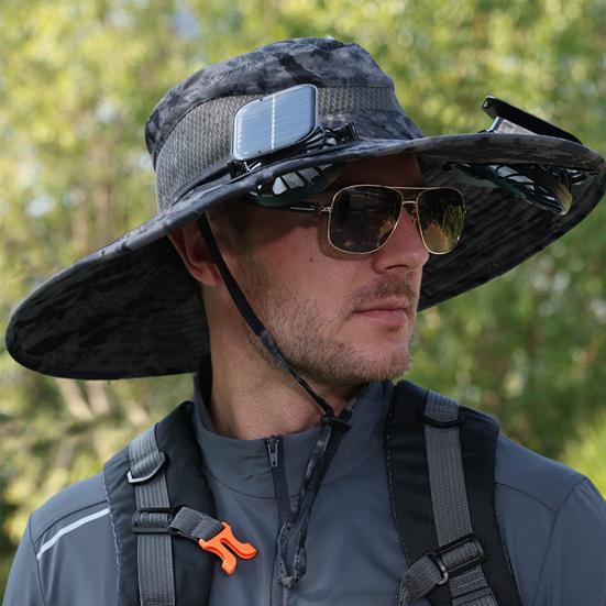 Fisherman Hat, Outdoor Sun Hat with Dual Power Solar USB Rechargeable Fan, Wide Brim Sun Protection Hat for Fishing Camping Hiking Gardening