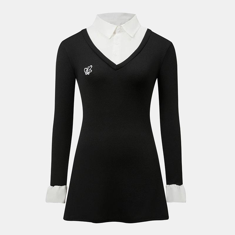 

Женское короткое платье с лацканами в стиле пэчворк с длинными рукавами и яркими цветами XL чёрный