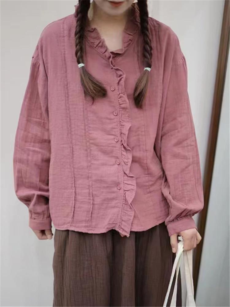 

Johnature Винтажная рубашка женская весенняя V-образная горловина грибок кромка однобортный повседневный топ женский One Size