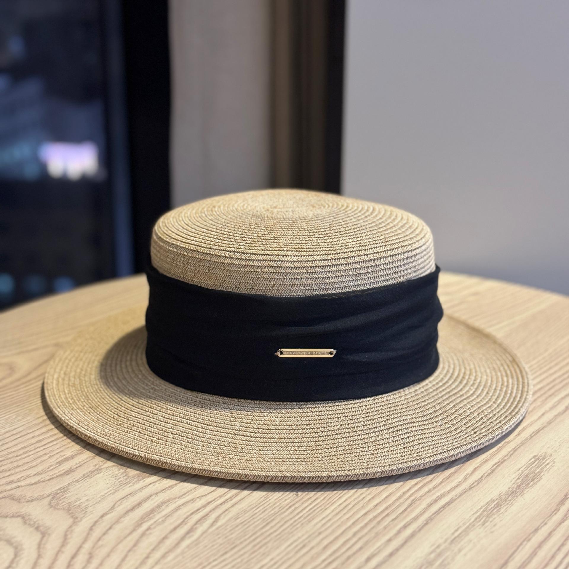 Vintage French-style women s straw hat for summer, beach sun protection, UV protection, pleated flat-brimmed sun hat, women s flat-top hat Adult54-60Adjustable